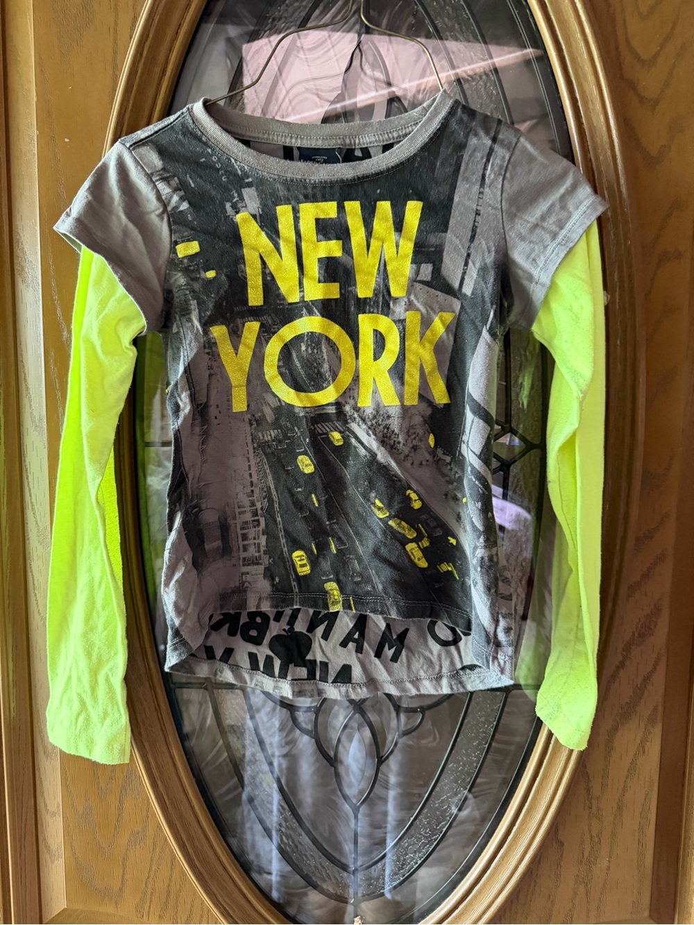 Faded Glory NEW YORK Long-Sleeve Layered Look Top - Neon Yellow/Gray